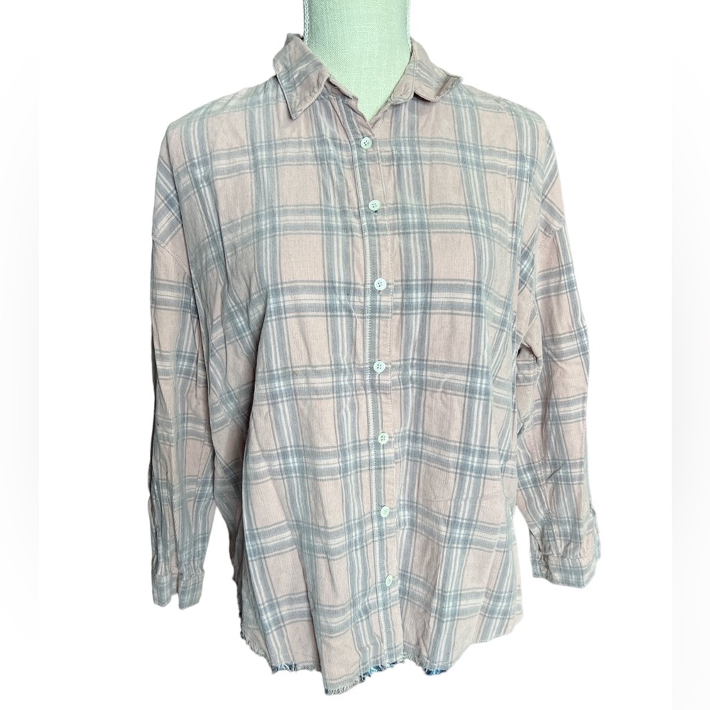 HP! Lucky Brand Button Down 100% Cotton Pink Plaid Raw Edge Cotton Flannel Shirt